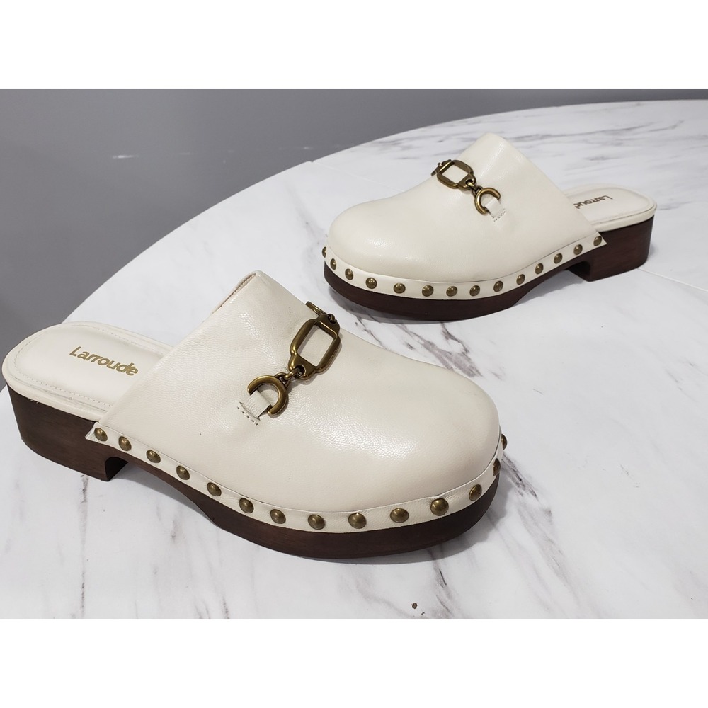 Larroude Zuzi Bit Mule Ivory Studded Clog Leather Brass Hardware Brazil